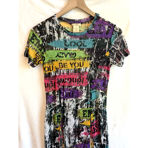 Vintage NYC Womens Y2K Mesh Graffiti Midi Top Size S Club Cyber Art Rave Grunge - Picture 2 of 13